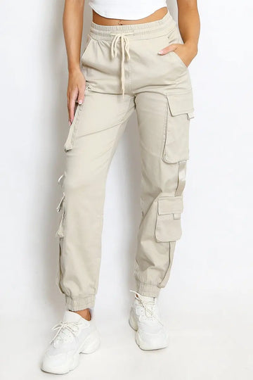 KATCH ME Beige Versatile High Waist Multi- Pocket Elastic Drawstring Cargo Pants Trousers
